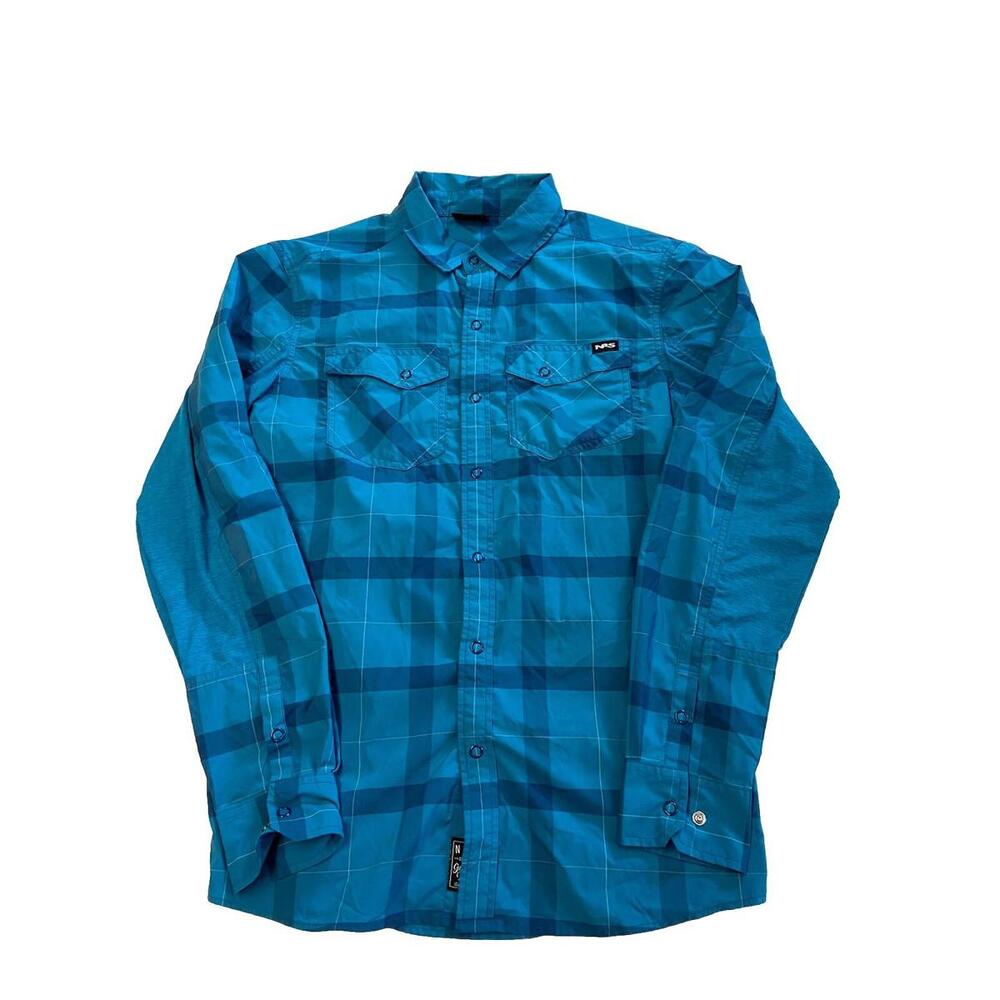 Mens NRS Blue UPF 50 Long Sleeve Snap Button Hiking Active Fishing Shirt Sz S